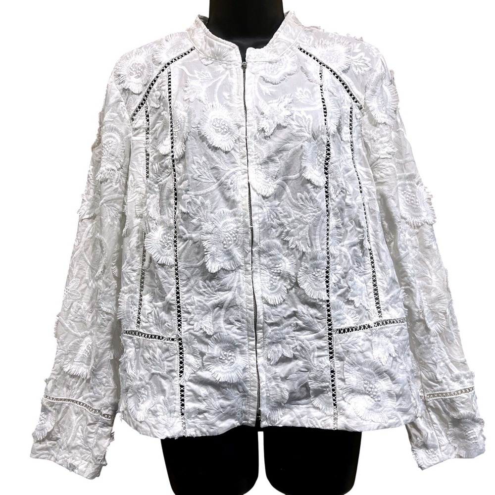 INC Jacket Womens XL White Floral Embroidered Zip Front Mock Neck Boho Romantic